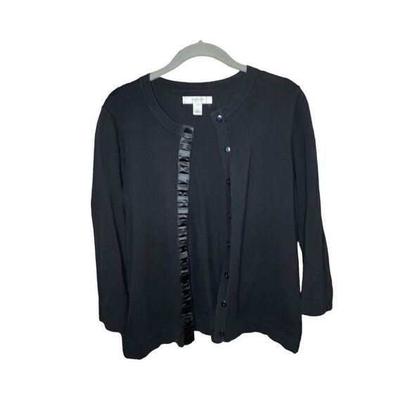 Liz Claiborne women’s black satin trim button up Cardigan medium - Picture 1 of 4